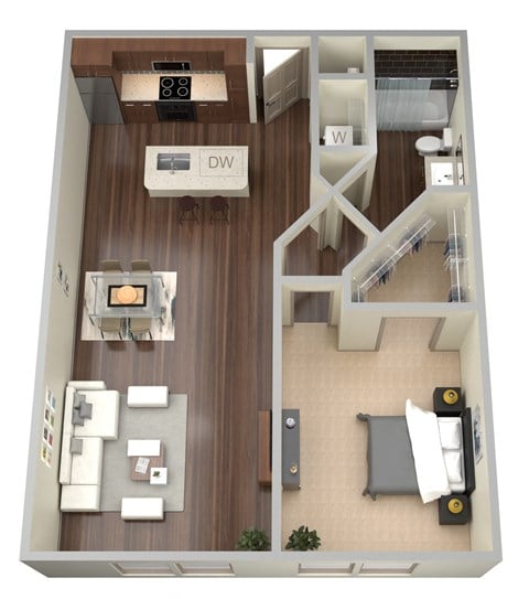 Floor plan for 1 bed, 1 bath, 744 sqft